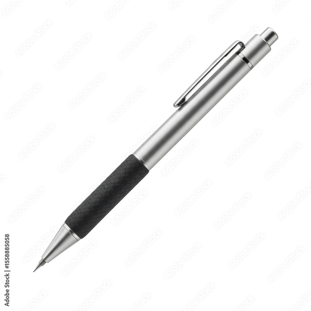 Sleek modern mechanical pencil with silver brushed metallic barrel, black textured rubber grip, polished clip, lead retracted, isolated on a transparent seamless studio backdrop, no shadows, macro, Sleek modern mechanical pencil with silver brushed metallic barrel, black textured rubber grip, polished clip, lead retracted, isolated on a transparent seamless studio backdrop, no shadows, macro,