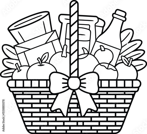Gift Basket Line Art, Food Hamper Outline Clipart with Bow and Groceries.