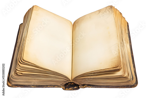 Antique open book showcases aged paper, perfect for adding vintage flair to graphic design projects or illustrating a sense of history or education.