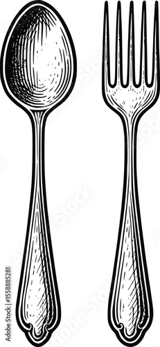 spoon and fork vector hand drawn illustration line art