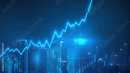 A glowing blue stock market chart line rises dynamically over a modern city skyline, symbolizing financial growth