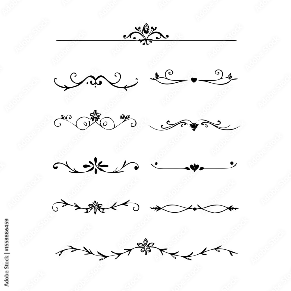 text dividers doodle set. Wedding decorative elements. Divider ornament, borders, floral, vintage line separators. Hand drawn vector illustration isolated on white background. Set page dividers. text dividers doodle set. Wedding decorative elements. Divider ornament, borders, floral, vintage line separators. Hand drawn vector illustration isolated on white background. Set page dividers.