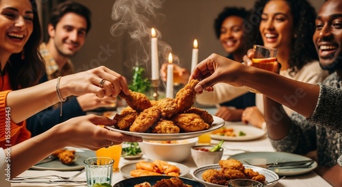 Group of diverse friends enjoying a dinner party with fried chicken, candles, and drinks, smiling and laughing.