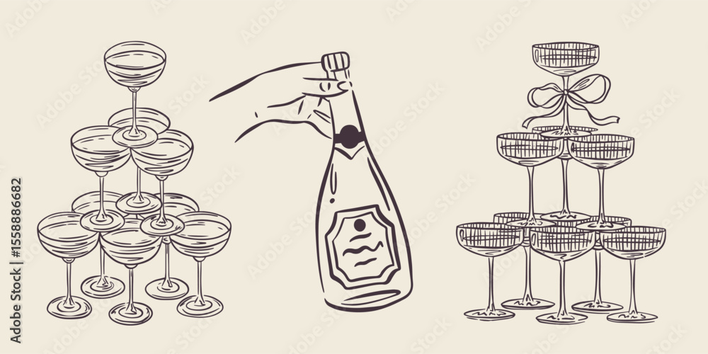 Obraz premium Whimsical hand drawn bar menu illustrations in trendy whimsical style. Perfect doodle for quirky italian wedding holiday, poster, dinner and bar menu, bachelorette party, birthday invitation, sign.
