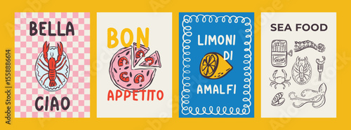 Whimsical hand drawn sea food poster and menu template in trendy whimsical style. Perfect doodle for quirky italian dinner  restaurant and cafe, kitchen wall art, poster,  party, birthday, sign