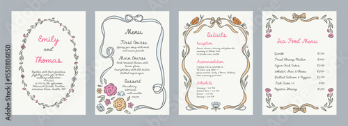 Set of spring whimsical hand-drawn pink blue orange green color frames with flowers and bows in trendy, vintage styles. Perfect for quirky holiday, wedding, birthday gift decorations