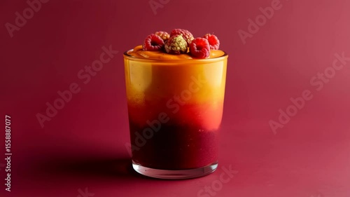 Wallpaper Mural Vibrant raspberryorange smoothie pouring sequence against rich red background Torontodigital.ca