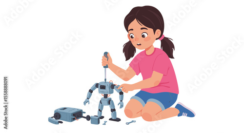 Focused Girl Wiring Robot Head, Flat Vector Icon