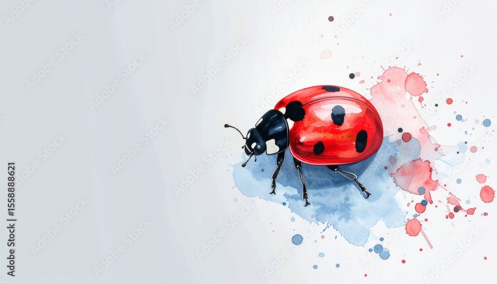 Obraz premium 落ち着いたライトグレーのマット背景の右下隅に、鮮やかな赤のてんとう虫を水彩で描いたミニマルで清潔感あるイラスト