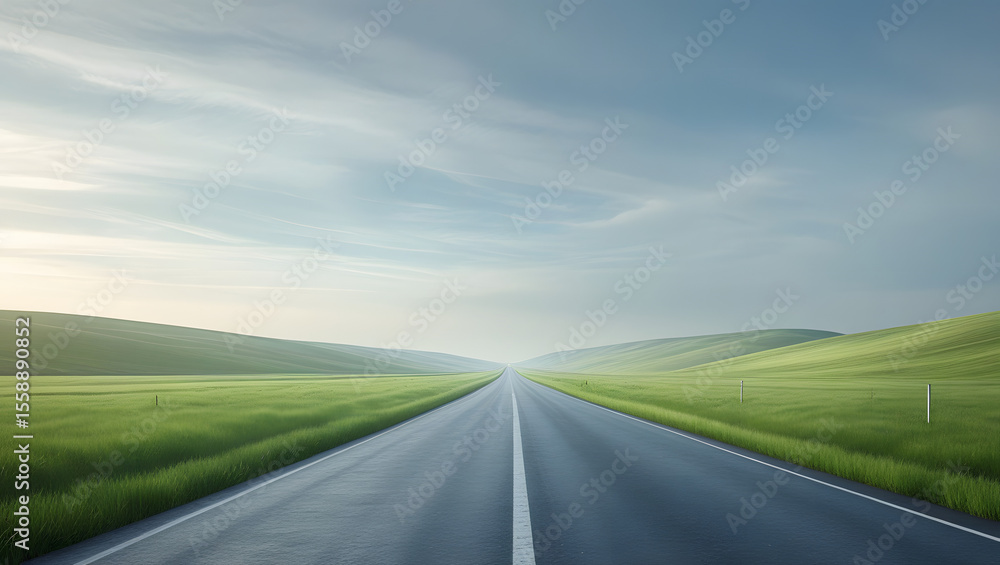 Naklejka premium Empty asphalt road stretching into a hazy, green landscape under a soft sky.