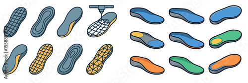 Variety of shoe insoles showcased in a creative arrangement with different designs and colors