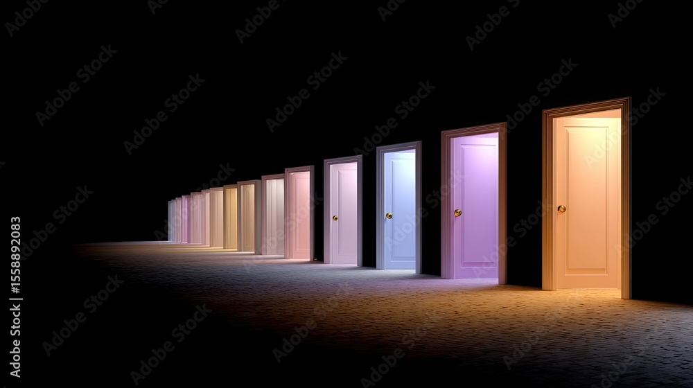 Fototapeta premium Vibrant Doors of Possibility in a Dimly Lit Environment