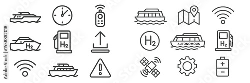 Innovative marine technology icons showcasing autonomous hydrogen vessels and navigation systems in modern maritime transport