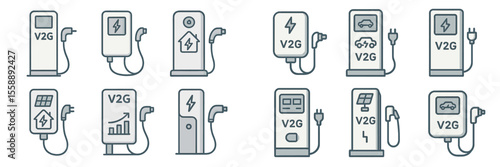 Different types of vehicle-to-grid charging stations in a modern design layout