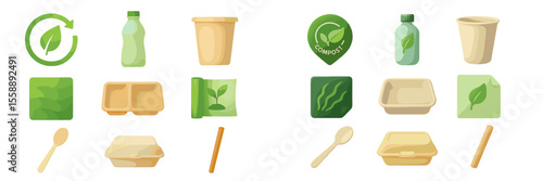 Icons representing eco-friendly packaging and composting solutions used in sustainable practices for food service