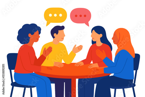 Group discussion among four diverse individuals at a round table in a casual setting during daylight
