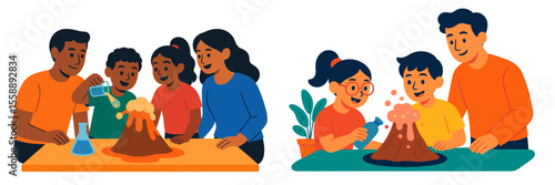 Families explore science with fun volcano experiments at home during a sunny afternoon