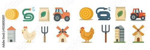 Farm equipment and animal characters in a colorful agricultural setting showcasing rural life and farming activities