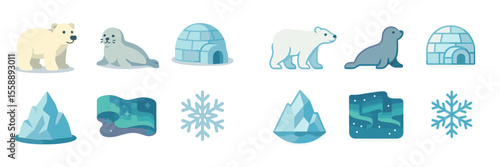 Polar wildlife and icy landscapes featuring seals, polar bears, and igloos in a winter setting