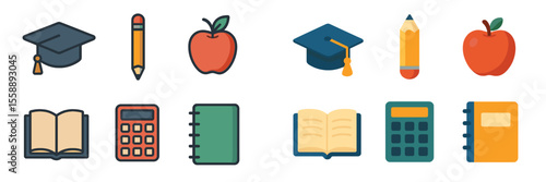 Collection of school-related icons featuring graduation hats, pencils, apples, books, and calculators in a minimalistic style