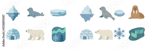Cute Arctic animals including seals, walruses, and polar bears in a whimsical winter landscape with icebergs and igloos