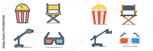Collection of movie-themed icons featuring popcorn, director chairs, and 3D glasses for entertainment designs