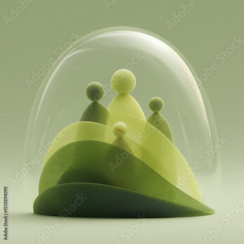 family mindfulness exercise at home Artistic green abstract sculpture with multiple rounded ogive shapes and glass dome cover organizing a modern home first aid kit