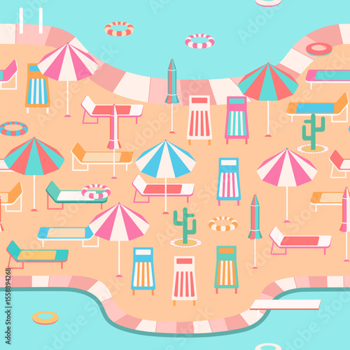 Poolside vacation scene seamless pattern. Large pool with diving board, swim rings, colorful parasols, lounge chairs, striped retro deck chairs. Modern fun summer repeat design. Relaxation, leisure