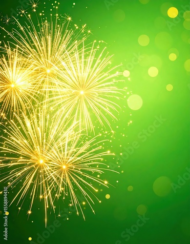 Golden Fireworks Green Background Celebration.