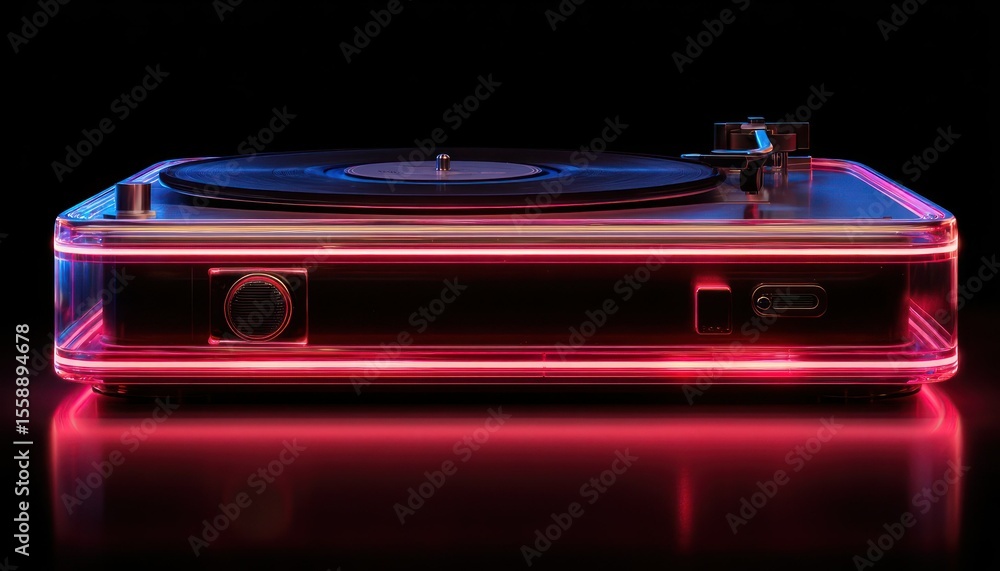 Naklejka premium Futuristic Neon Illuminated Record Player Displayed Against a Black Background