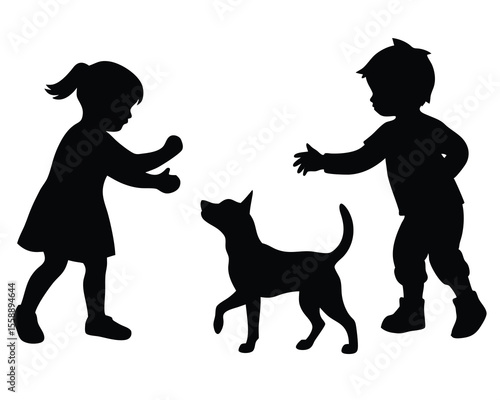Stylish silhouette of kids playing with pets silhouette vector style with white background