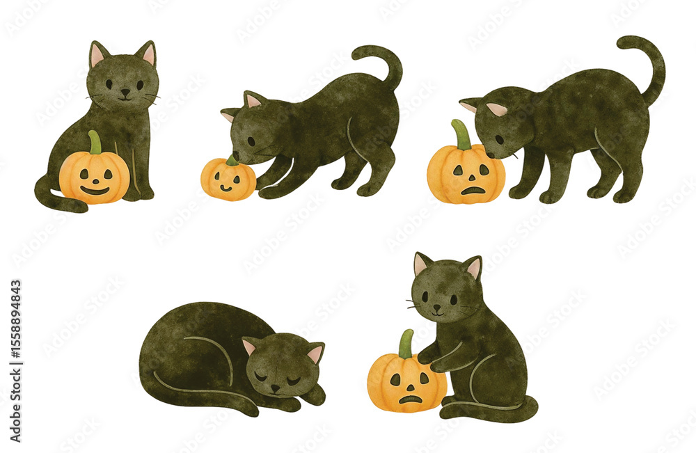 Obraz premium Halloween Black Cat Poses with Pumpkins – Cute Watercolor Illustration 
