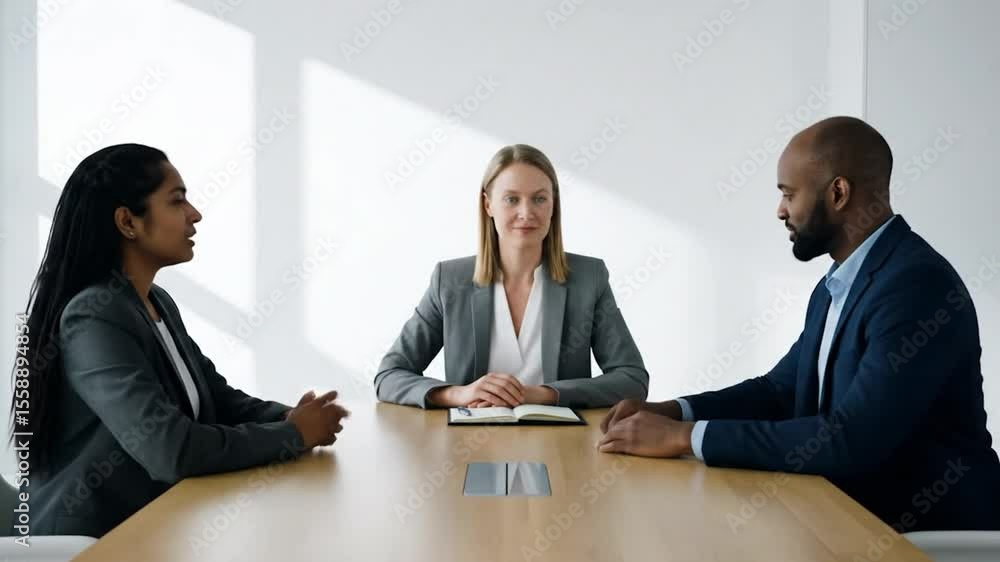 Professional Discussion in Modern Office Setting with Three Colleagues Professional Discussion in Modern Office Setting with Three Colleagues