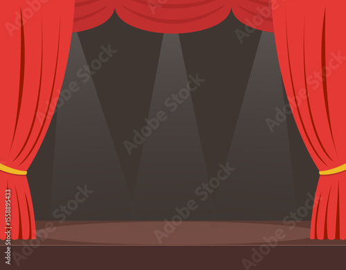 Empty stage with opened red curtains in flat style. Theater stage concept. Vector stock