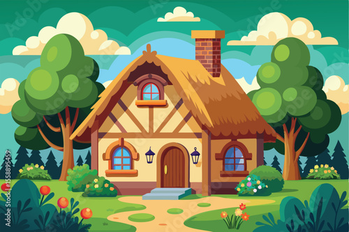 Charming Thatched-Roof Cottage in a Lush Green Landscape Illustration