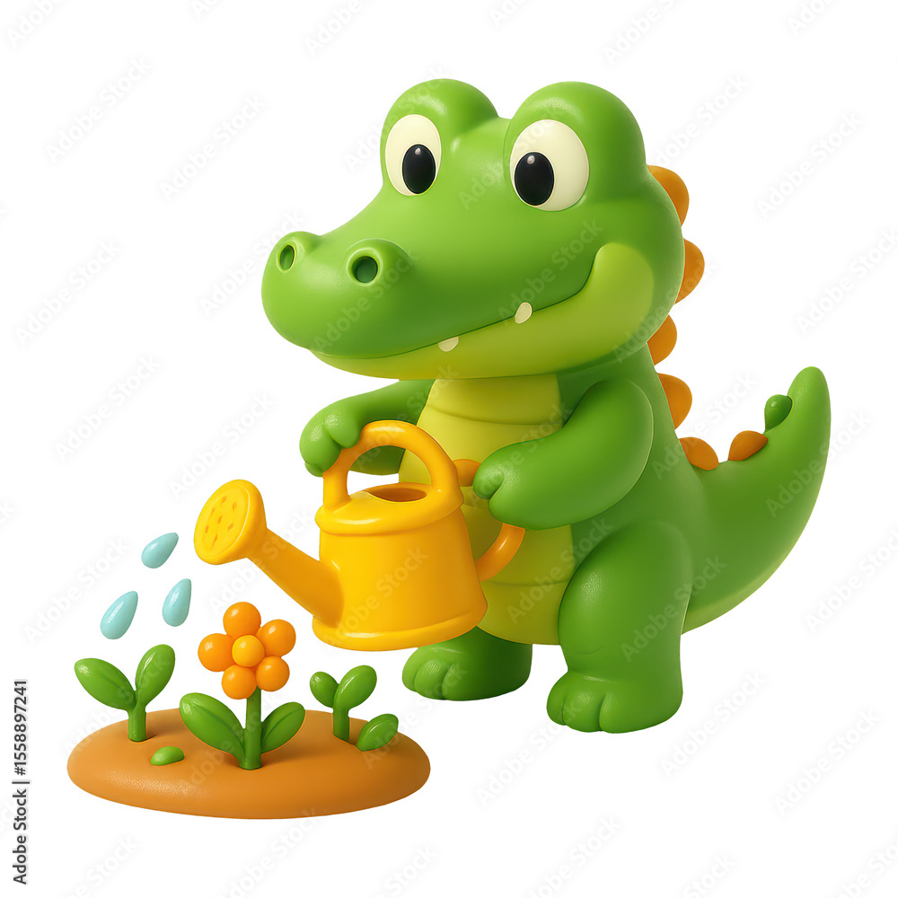 Fototapeta premium PNG Cute crocodile watering flowers