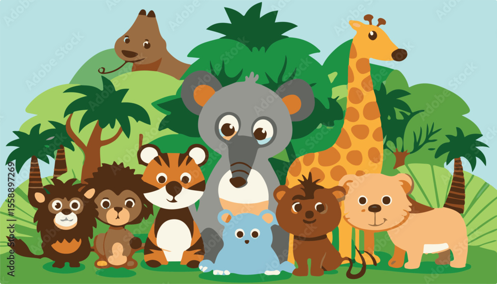 Naklejka premium Cute cartoon wild animals vector illustration set