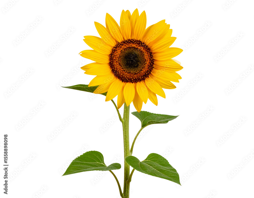 Fototapeta premium Side View of a Single Tall Sunflower Plant with Blossoming Inflorescence, isolated on transparent background PNG