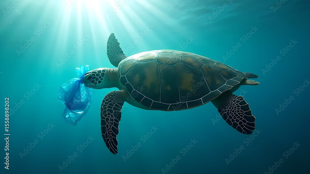 Fototapeta premium Sea turtle swims with plastic bag, reflecting ocean pollution and the urgent need for environmental protection