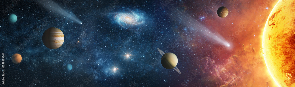 Obraz premium Sun, galaxies, Saturn, moon, jupiter, stars, comet, asteroid, meteorite, nebula. Space panorama of the universe. Elements of this image furnished by NASA.