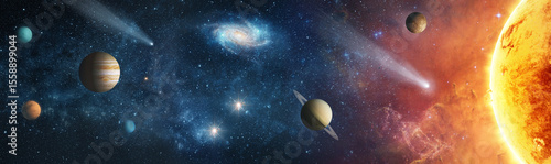 Sun, galaxies, Saturn, moon, jupiter, stars, comet, asteroid, meteorite, nebula. Space panorama of the universe. Elements of this image furnished by NASA.
