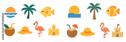 Colorful beach icons representing summer activities and tropical vibes with palm trees and ocean elements