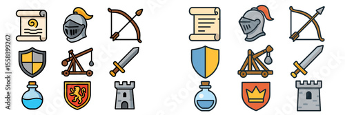Collection of medieval-themed icons featuring knights, weapons, and symbols of warfare in a vibrant design suitable for various uses