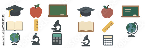 Educational symbols featuring classroom elements like books, chalkboards, and globes in a colorful design suitable for school themes