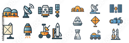 Various space exploration icons representing satellites, rockets, and communication technology in a simplified design