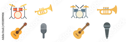 Different musical instruments displayed in a colorful arrangement showcasing various sounds and musicianship