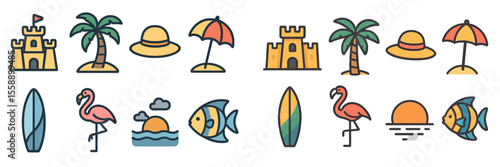 Various beach-themed icons including castles, palm trees, hats, surfboards, and marine life at sunset