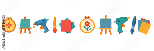 Colorful art supplies arranged on a clean white background for creative projects and crafts