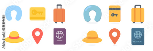 Travel essentials include luggage, hats, and travel documents for adventures and vacations