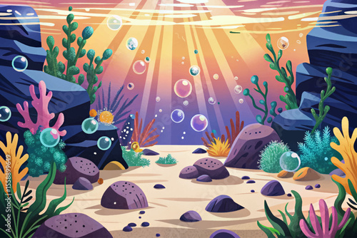 serene underwater scene featuring soft light beams and floating bubbles cartoon vector perfect for backgrounds, aquatic themes, meditation visuals, or marine design elements
